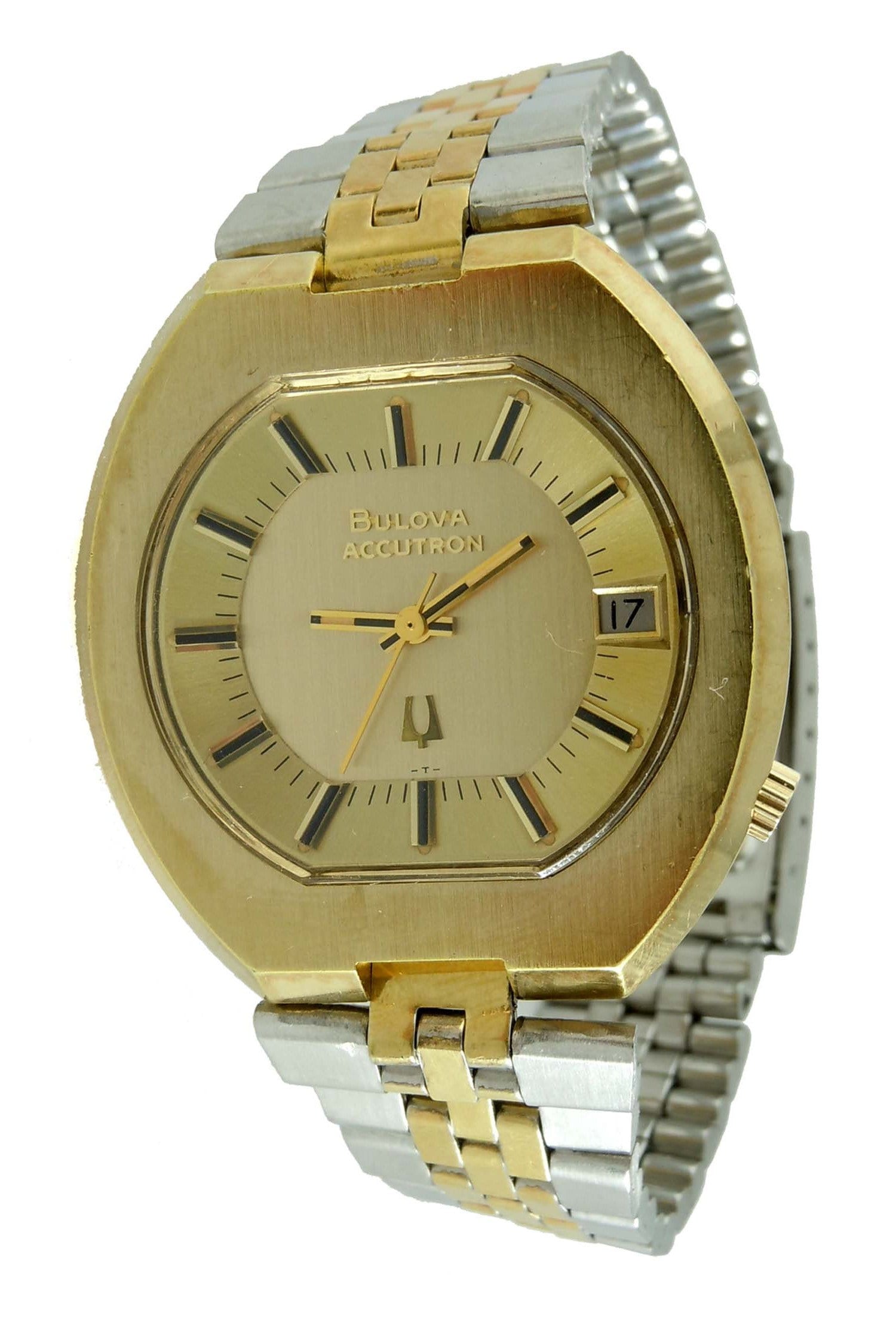 1970s Two Tone Mens Bulova Accutron Date Watch Gold EP Bezel Satin