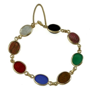 14k Yellow Gold Oval Multi Stone Scarab Charm Bracelet Chalcedony, Rock Crystal, Carnelian, Tiger Eye, Rose Quartz, Jade, Onyx