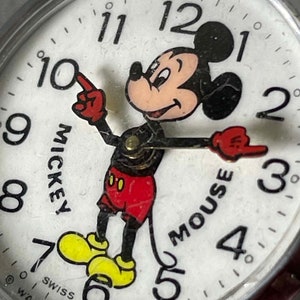 Vintage Impressive 1980's Ladies Bradely 062 Mickey Mouse Moving Hands Swiss Watch, Disney Productions w leather band w Hong Kong Buckle