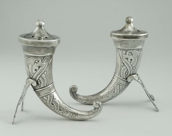 Theodor Olsens Norway Sterling Silver Viking Horn Salt Pepper Shakers Cornucopia