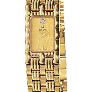 May include: A gold-toned Bulova watch with a rectangular face and a matching woven-style band. The watch face features a small diamond and the Bulova logo. The watch is a classic design.