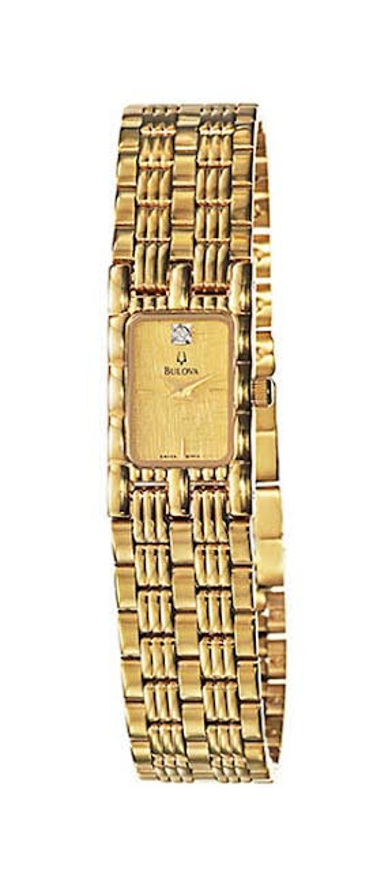 May include: A gold-toned Bulova watch with a rectangular face and a matching woven-style band. The watch face features a small diamond and the Bulova logo. The watch is a classic design.