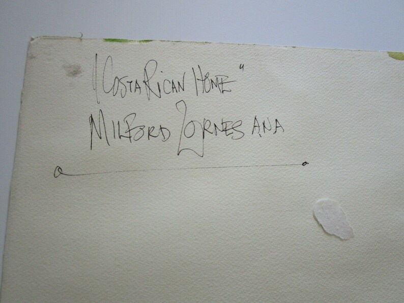 May include: A white paper with black ink handwriting that says "Costa Rican Home" and "Milford Zornes Ana".