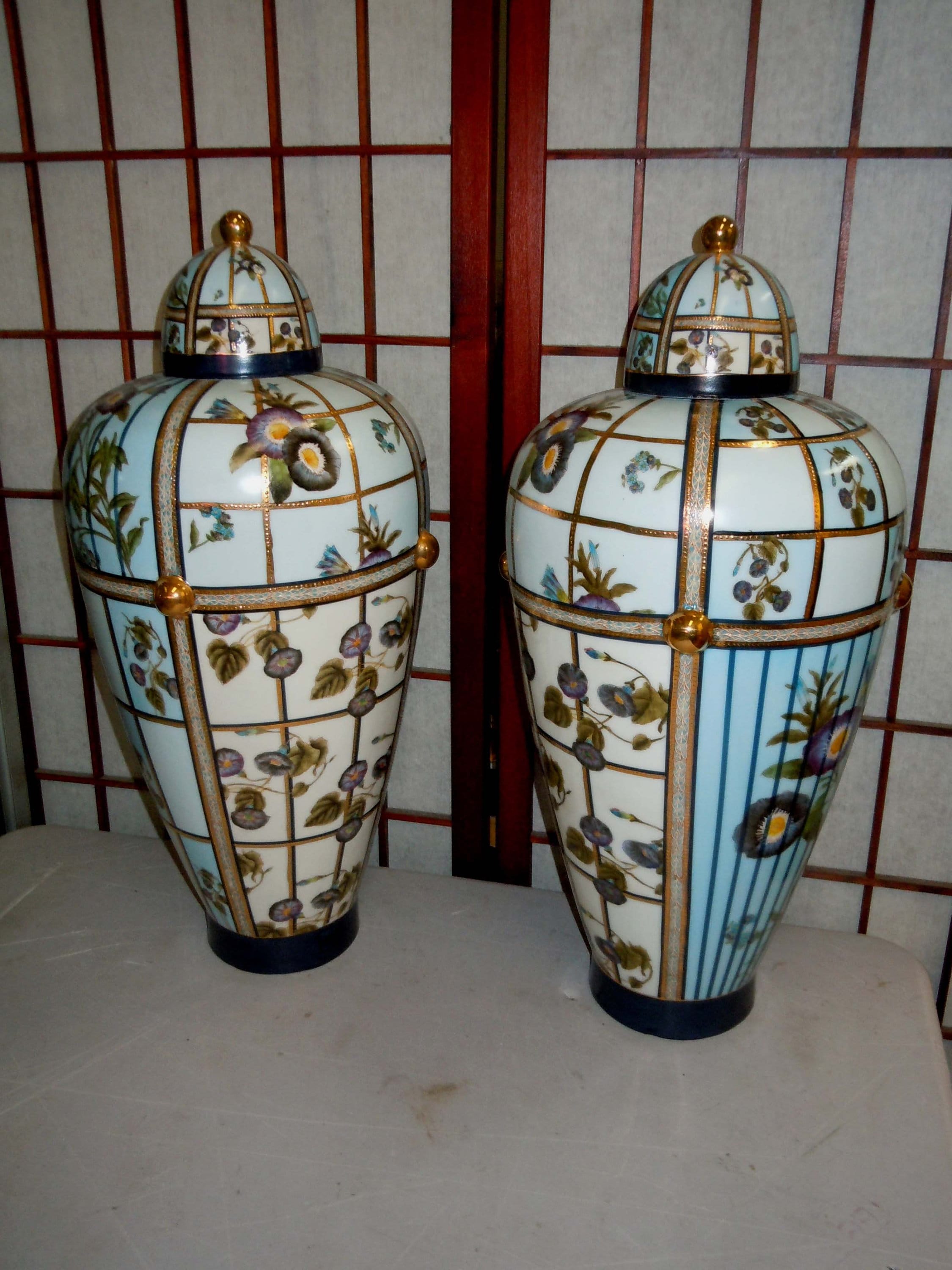 Pair Of Contemporary Tozai Home "Morning Glory" Floral Lidded Vases Designed in Paris Bulbous High Shoulder Vase