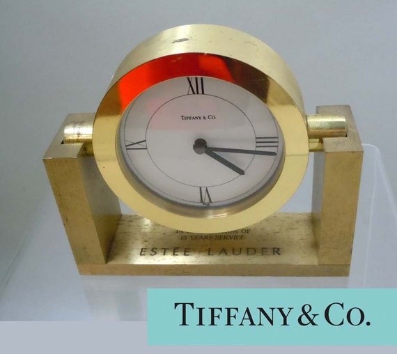 Tiffany Estee Lauder Brass Dedication Desk Clock Swiss Quartz