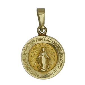 May include: A gold-colored pendant featuring a depiction of the Virgin Mary. The pendant is round and has the inscription "O Mary Conceived Without Sin Pray For Us Now And At The Hour Of Our Death" around the edge.