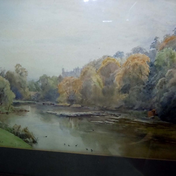 NYC Central Park Autumn Pond Scene Watercolor Painting circa 1920 New York City
