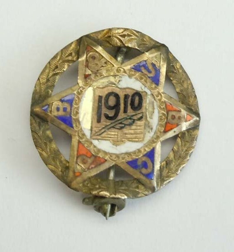 K&ouml;nnte beinhalten: Eine goldfarbene sternf&ouml;rmige Anstecknadel mit blauem, rotem und wei&szlig;em Email. In der Mitte des Sterns befindet sich ein Buch mit einer Feder und dem Jahr "1910".
