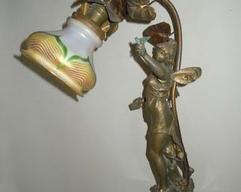 Quezal Pulled Feather Fairy Figural Boudoir Lamp The Messenger French Art Nouvou Messagere August Moreau