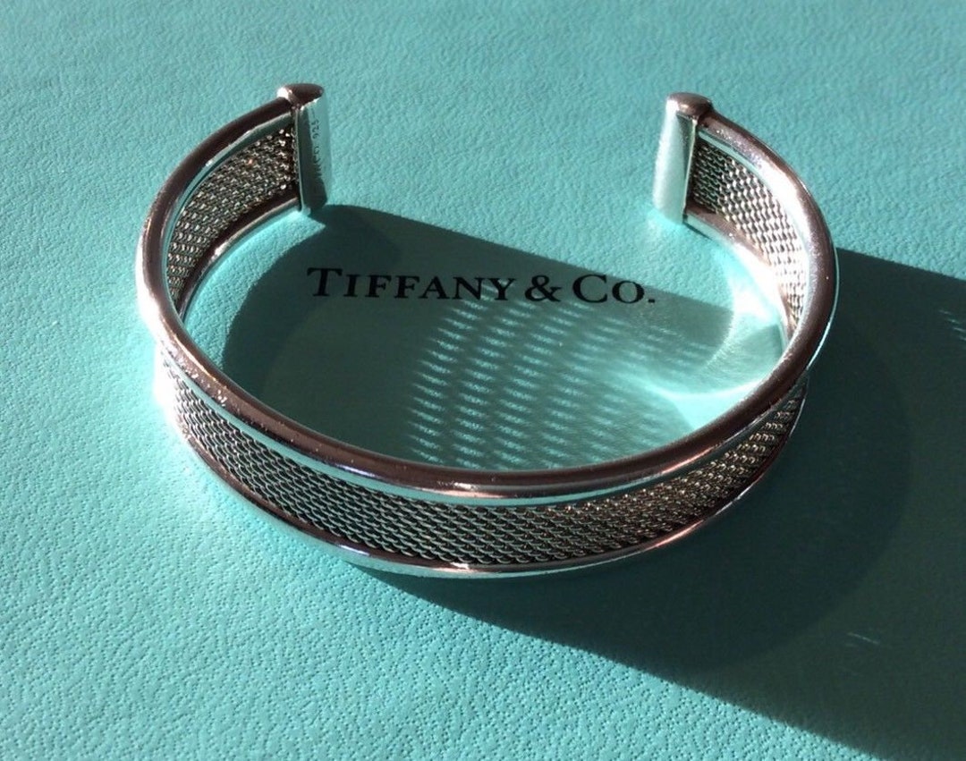 Rare Tiffany Sterling Silver Woven Mesh Cuff Bracelet in Wrist  With Box, Pouch, Ribbon and Care Card
