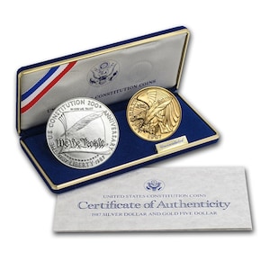 1987-W Constitution Bicentennial Commemorative Proof 5 Dollar Gold  and Silver Dollar US Mint Sealed Case West Point Box & COA