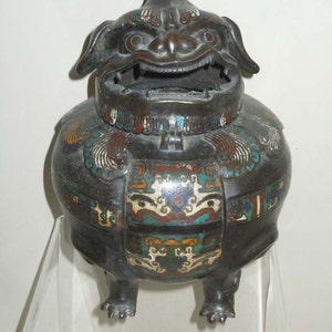 Japanese Bronze Lion Foo Dog Incense Burner Champleve Enamel Meiji Era Japan 19c Sculpture Statue 19th Century
