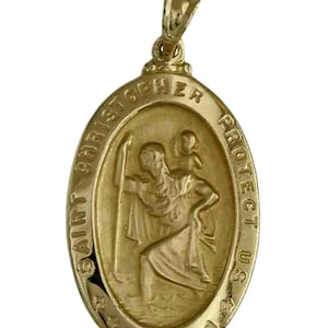 Large Oval 14K Gold Saint Christopher Protect Us Charm Pendant High Relief 3D 14Kt 585