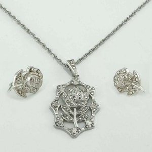Sterling Silver Marcasite Long Stem Rose Earrings Pendant Set