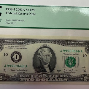 FR. 1938-J 2003A Two Dollar Federal Reserve Note PCGS 67PPQ Superb Gem New Series Bill 67  Rare 999 666 Serial Numbers