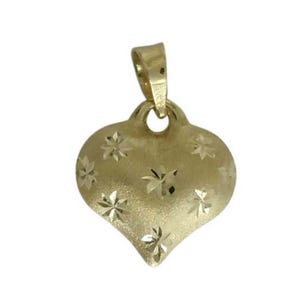 Charm pendentif coeur gonflé en or 14 carats finition satinée étoile diamantée