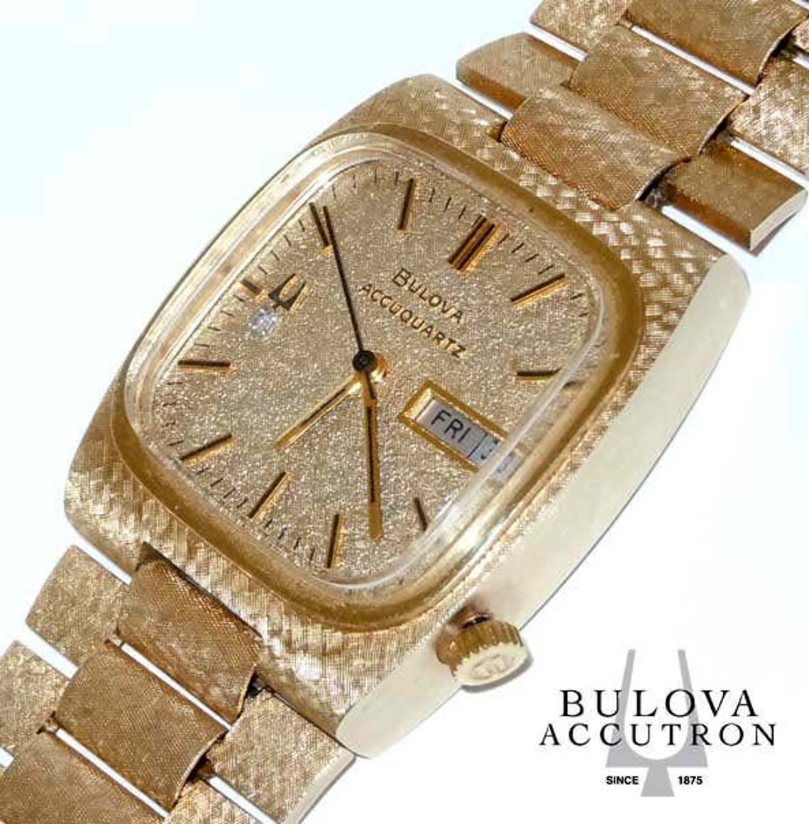 14K Gold Diamond Bulova Accuquartz Day Date Watch Satin Finish Etsy
