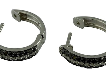Stunning Sterling Silver Black and White Diamond Oval Huggie (hoop) Earrings