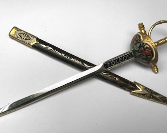 Rare Vintage Made In Spain TOLEDO Enameled Brass & Steel Sword Letter Opener with Embossed Leather Scabbard