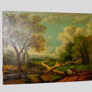 R King 1886 European Wooded Landscape Boy Bulls Oil Painting 19th century