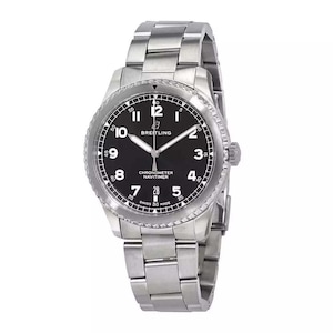 May include: A silver stainless steel wristwatch with a black face and white markings. The watch face has the words "Breitling", "Chronometer", and "Navitimer" printed on it. The watch has a silver band with a clasp.