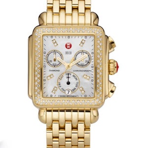 MICHELE Diamond Deco Chronograph (MW06P01B0046) Gold Mother of Pearl Diamond Dial Box & Papers COA Card and Michele Polish Cloth