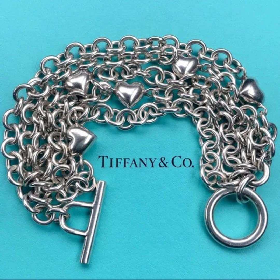 Tiffany Sterling Silver Multi Strand Puffy Hearts Link Toggle