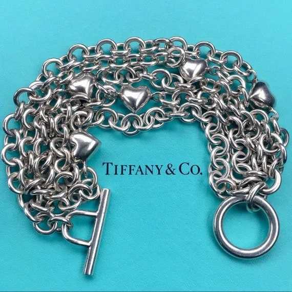 Tiffany Sterling Silver Multi Strand Puffy Hearts Link Toggle