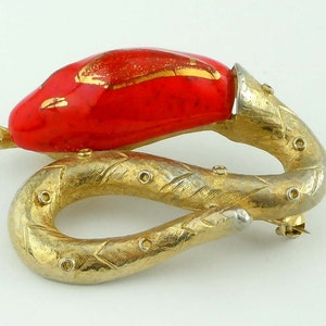 Gold Tone Snake Brooch Painted Red Ceramic Head