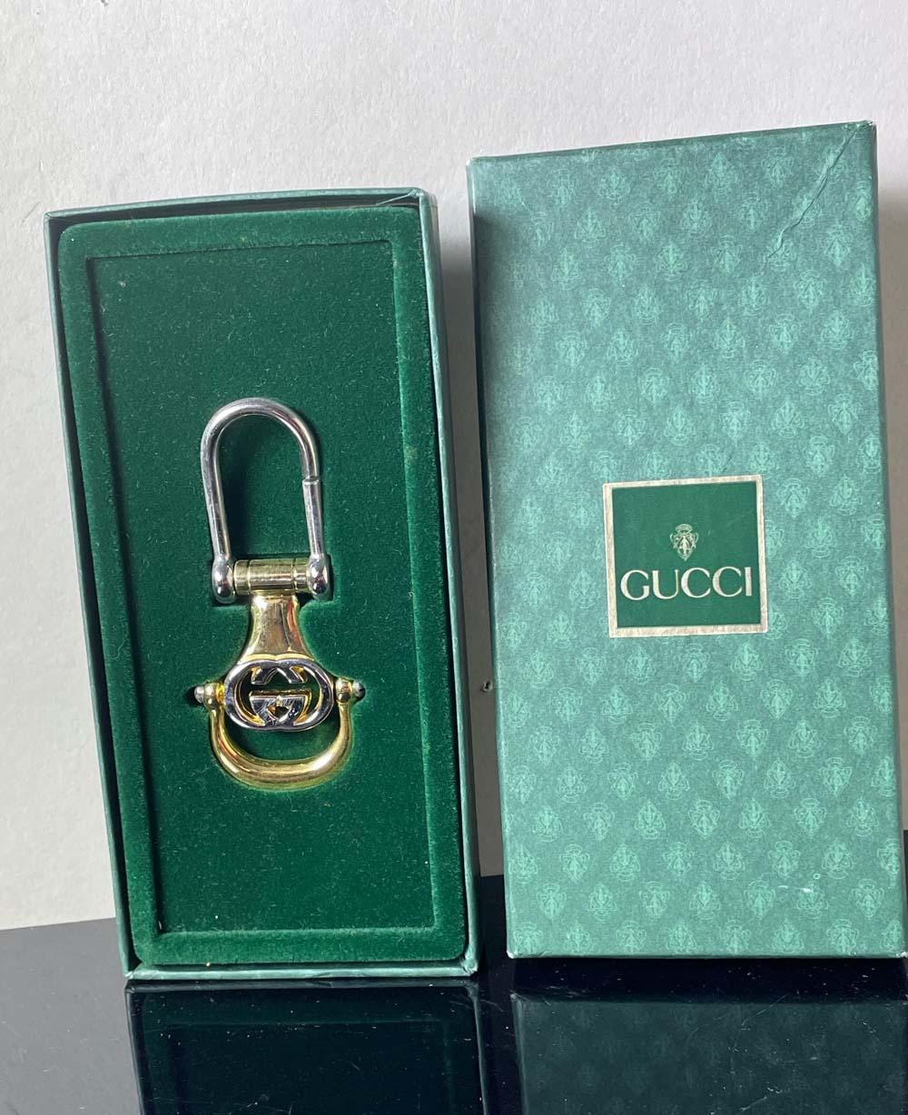 Rare Vintage Two Tone Gucci Double G Keychain Fob W/ Box