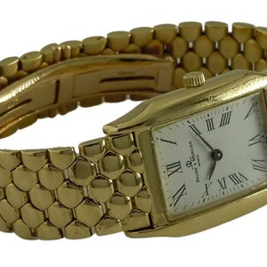 Ladies 18k Gold Baume & Mercier White Roman Dial 18kt Statement Watch Swiss Quartz