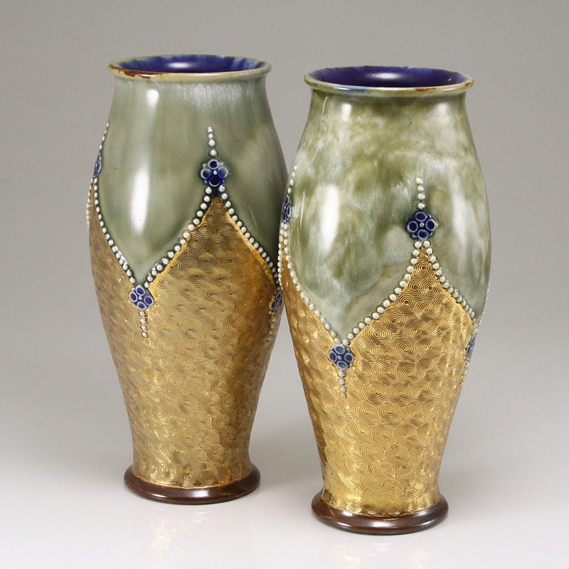 Pair Of Arts & Crafts Royal Doulton Cobalt Gilt Swirl Pottery Vases