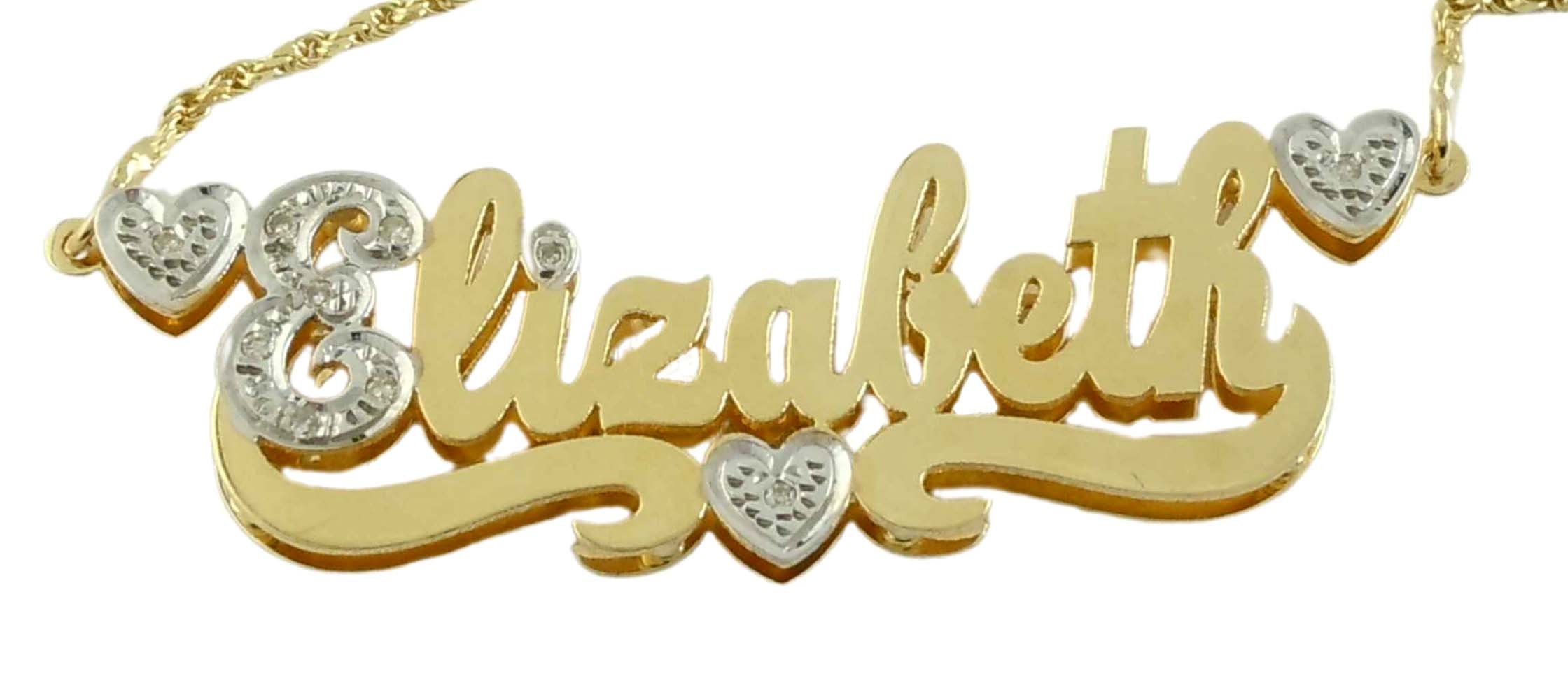 Impressive 14K Gold Pave Diamond Elizabeth 3D Raised Name