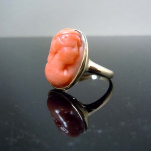 Lady&#39;s 14Kt Gold Hand Carved Pink Coral Female in Profile Ring circa 1920&#39;s size 6.25