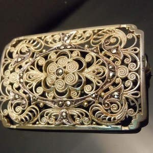 Gold Wash Vermeil Sterling Silver Marcasite Open Work Filigree Botanical Brooch Floral Flower