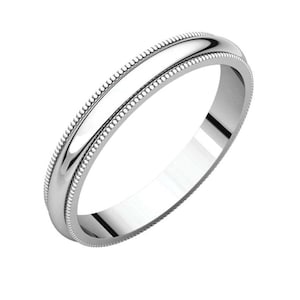 May include: A simple, silver wedding band with a beaded edge.