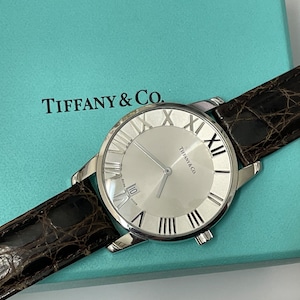 Mens Tiffany & Co. 37.5 mm Stainless Steel Atlas Dome Watch with Silver Azure Dial Swiss Quarts Gents Statement Watch