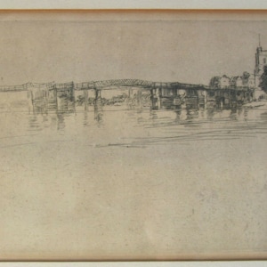 May include: A black and white etching of a bridge over a river with a church steeple in the background.