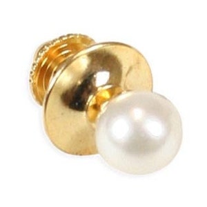 14K Yellow Gold Genuine Round White Pearl Tie Tack Clip, Lapel Pin 14kt