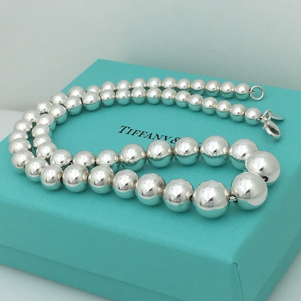 Tiffany & Co Sterling Silver Graduated Bead Ball Necklace with Pouch and Blue Box Ribbon and Care  Card