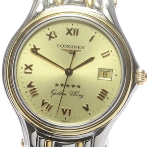 Ultra Thin Two Tone Mens LONGINES Golden Wing Date L3.606.5 Swiss Quartz Wristwatch Champagne Roman Numeral Dial Calendar Watch
