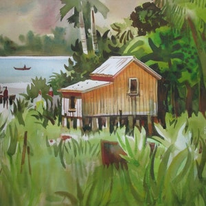 May include: Watercolor painting of a small yellow house on stilts in a tropical setting. The house is surrounded by lush green foliage and palm trees. A body of water is visible in the background.
