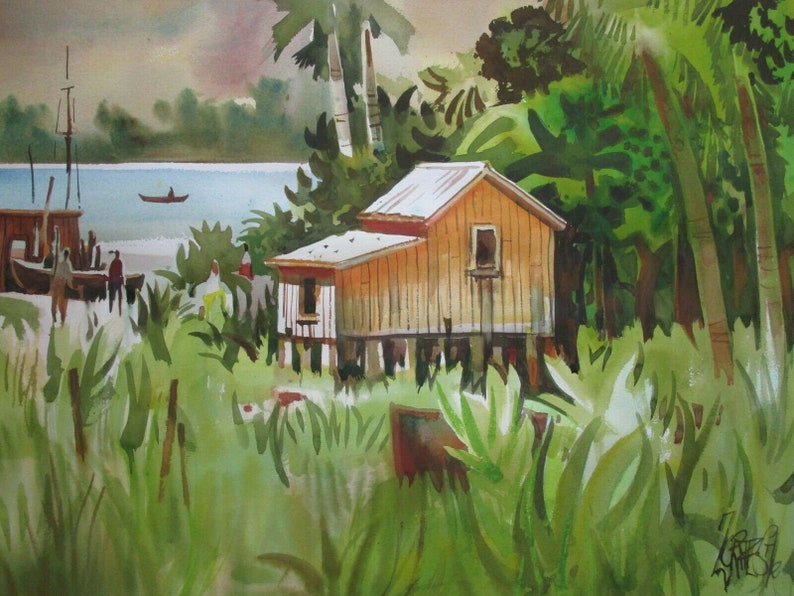 May include: Watercolor painting of a small yellow house on stilts in a tropical setting. The house is surrounded by lush green foliage and palm trees. A body of water is visible in the background.