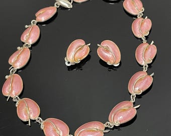 Collana girocollo in smalto guilloché rosa e orecchini a clip firmati Vb Sterling Silver Denmark Modernist Orecchini Collana Set