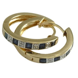 Stunning Pair of 14K Yellow Gold Diamond & Sapphire Huggie Hoop Earrings