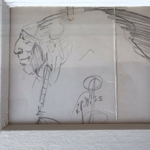 May include: A pencil sketch of a Native American person wearing a headdress. The drawing is in a white frame and includes the signature "V.P. Willis".