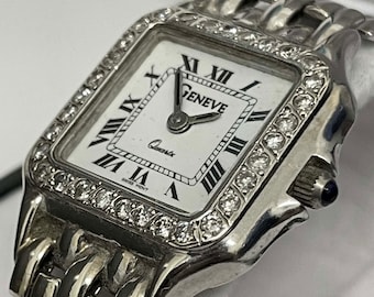 GENEVE Panthere Style 14k White Gold 0.32ct Diamond Bezel White Roman Dial Swiss Quartz Statement Wristwatch