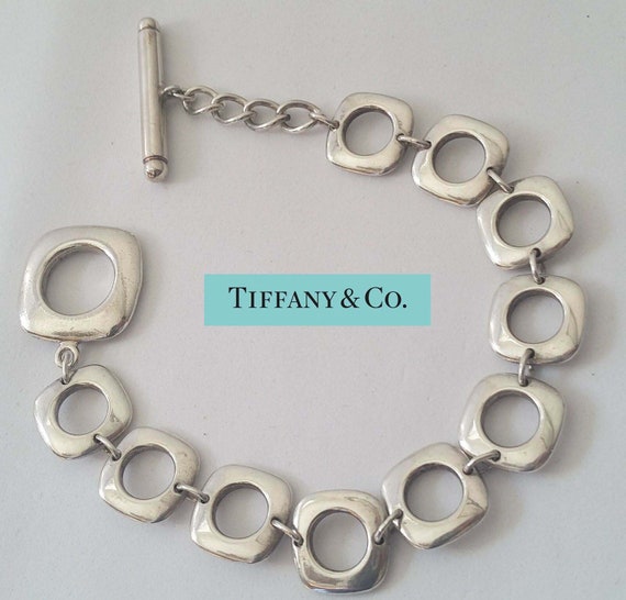 Tiffany Sterling Square Box Cushion Circle Link Toggle Bracelet