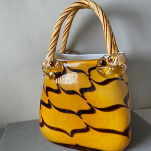 Vintage Hand Blown Chocolate Brown Striped over Caramel Honey Gold Murano Art Glass Purse Flower Pot
