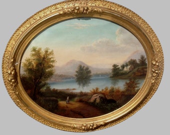 Period 1800-tals Hudsonflodskola Oljemålning Skog Lantstuga Oval Förgylld Ram Berg Skog Sjö Landskap